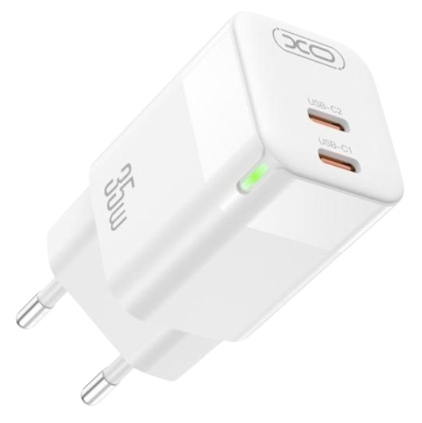 Мережевий зарядний пристрій XO CE07(EU) Dual PD (2 USB-C)35W GaN lamp display White